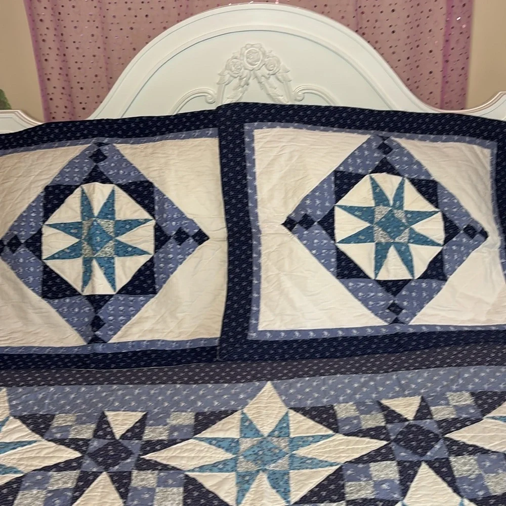 Vintage Quilt Patchwork Vintage Pattern Star Hand Crafted Handmade Blue White